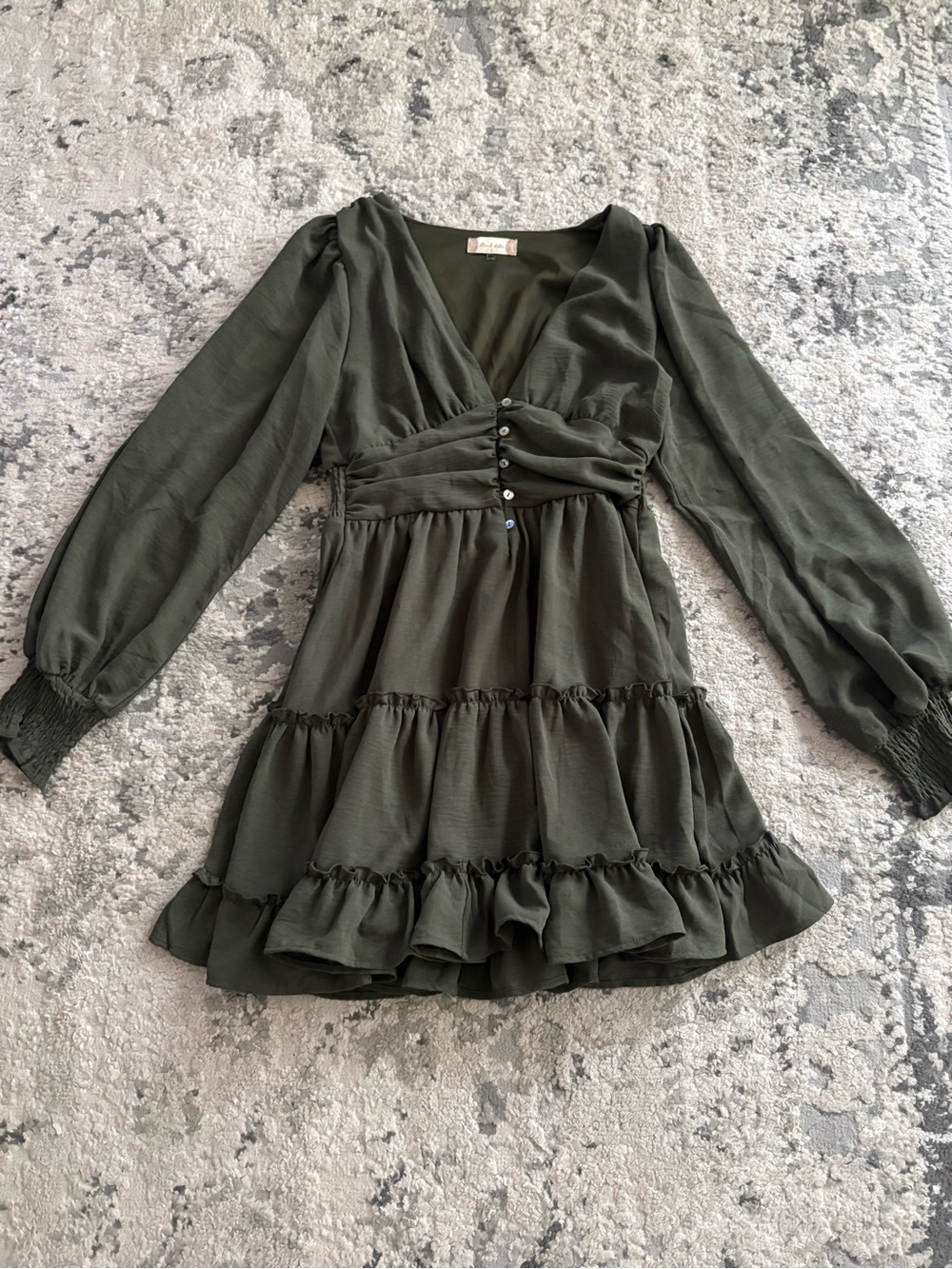 Altar'd State Olive Green Long Sleeve Tiered Mini Dress